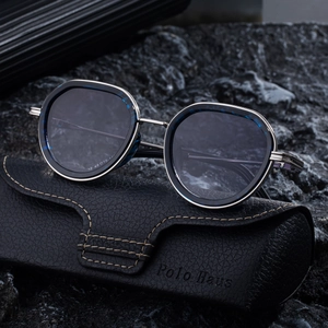 Retro oval full-frame sunglasses for men with blue marble patterns and leather case