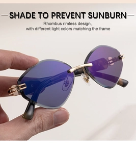 Détail de lunettes de soleil œil-de-chat sans monture avec verres dégradés et gravure