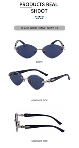 Trois angles de lunettes de soleil œil-de-chat sans monture avec détails en strass