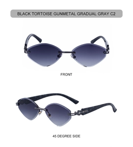 Détail de lunettes de soleil œil-de-chat sans monture avec verres géométriques gris dégradé