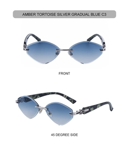 Détails de lunettes œil-de-chat sans monture avec verres bleus et branches argent ambre
