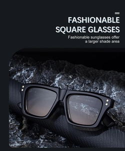 Detail view of square black sunglasses with metal rivets and ZS98502 model specification