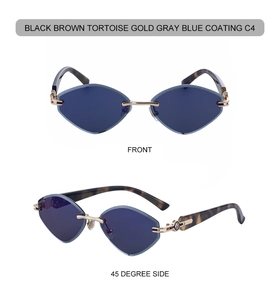 Détail de lunettes de soleil œil de chat sans monture avec verres bleus taillés diamant