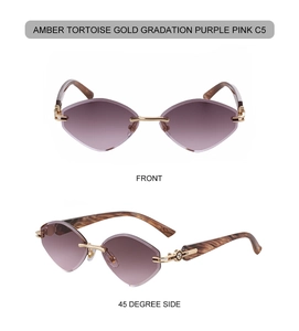 Détail de lunettes de soleil œil de chat sans monture avec verres dégradés violet rose et ambre