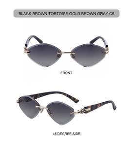 Détail de lunettes de soleil œil-de-chat sans monture avec strass et branches dorées