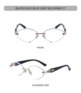 Lunettes œil de chat sans monture avec filtre anti-lumière bleue en noir et or