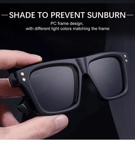 Detailed view of square PC sunglasses frame featuring gold rivet accents and dark lenses