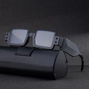 Men's stylish square frame sunglasses with thick temples on a black leather case