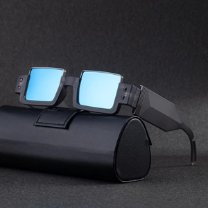 Futuristic square frame sunglasses with blue mirrored lenses and a black leather case