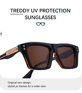 Detail of square polarized sunglasses featuring bold black frames and gold metal accents