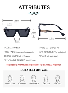 Detailed size specifications for square polarized sunglasses with PC frame and Tac lenses