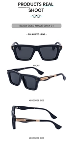 Detail view of polarized square sunglasses with black frame and golden metal accents