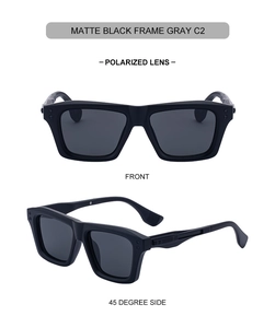 Detail of matte black square polarized sunglasses showing front and 45 degree side views