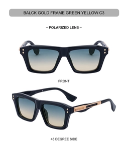 Detail of square polarized sunglasses with black gold frames and gradient lenses