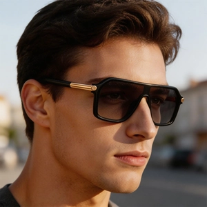 Détail de lunettes de soleil noires carrées avec branches dorées et verres dégradés