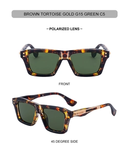 Close-up of tortoise shell square polarized sunglasses with golden metal temple detail