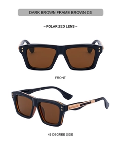 Front and side view of dark brown square polarized sunglasses with metal rivets