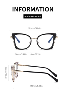 Guía de dimensiones detalladas para gafas de ojo de gato con filtro de luz azul