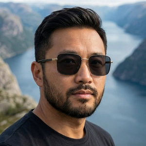Men's square polarized sunglasses with gold metal frame worn against scenic nature background