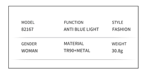Especificaciones detalladas de gafas anti luz azul con montura de TR90 y metal