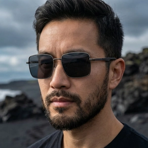 Men's square polarized sunglasses with dark grey lenses and textured temples