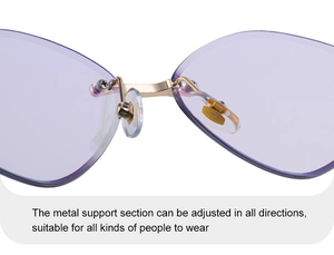 Détail macro des plaquettes de nez dorées réglables et des verres violets œil-de-chat