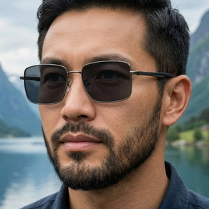 Men's square polarized sunglasses with gunmetal frame and dark grey lenses for driving