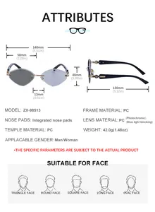 Tableau des tailles pour lunettes de soleil œil de chat avec dimensions et cadre en PC