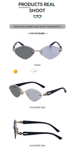 Détail de lunettes sans monture à verres photochromiques et branches dorées