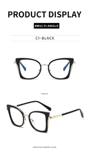 Vistas detalladas de gafas ojo de gato negras con patillas doradas y lentes fotocromáticas