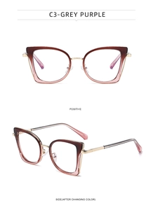 Vista frontal y lateral de monturas de gafas cat-eye degradadas gris púrpura