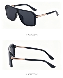 Vue détaillée des lunettes de soleil carrées avec monture noire et branches or rose