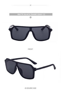 Vue avant et latérale des lunettes de soleil carrées noir mat avec verres gris