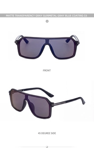 Détail macro de lunettes de soleil gris mat transparent avec verres à revêtement bleu
