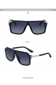 Vues de face et latérale de lunettes de soleil carrées noir mat avec branches dorées