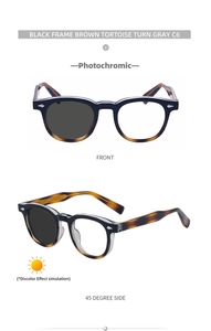 Detail of photochromic square sunglasses showing the transition from clear to gray lenses