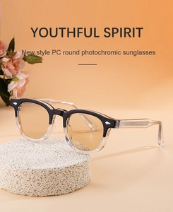 Detail view of square photochromic sunglasses with two-tone frame on rock display