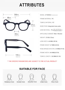 Detailed size chart and technical specifications for square frame photochromic sunglasses