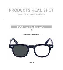 Detail of square photochromic sunglasses showing lenses changing from clear to dark grey