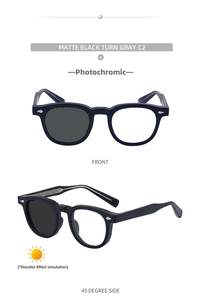 Detail view of photochromic square sunglasses with matte black frame and color-changing lens