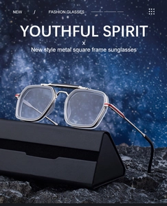 Close-up of square metal sunglasses with double bridge on dark rocks under a starry sky