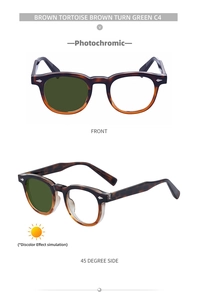 Detail of tortoise shell square frames with photochromic lenses and diamond rivets