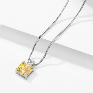 Minimalist silver box chain necklace featuring a square yellow zircon pendant for women