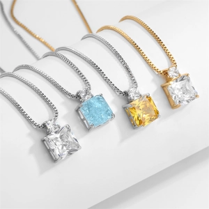 Square Gemstone Pendant Necklace Copper Box Chain Princess Cut Zircon Jewelry For Women Fashion