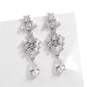 Sparkling silver tassel drop earrings with zircon floral design for wedding and evening galas