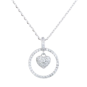 Minimalist silver necklace with diamond-encrusted double circles and heart pendant