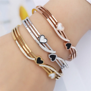 Bracelet Jonc Coeur En Acier Inoxydable Pour Femme Avec Nacre Email Et Strass Bijoux De Mode Creux