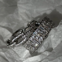 Silver double-layer stackable ring set with micro-paved cubic zirconia stones