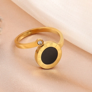 Bague Ouverte En Acier Inoxydable Avec Chiffres Romains Coquille Noire Et Zircone Réglable Bijou Mode Pour Femmes
