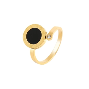 Bague ouverte en acier titane doré avec disque à chiffres romains noirs et cristal